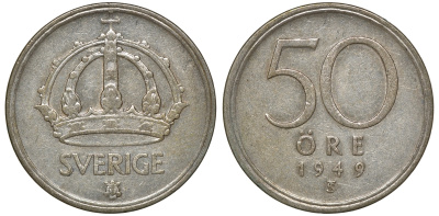 Швеция 50 эре 1949 TS, Густав V (1907-1950) KM 817 серебро 4179-1011