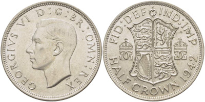 Великобритания 1/2 кроны 1942 Георг VI (1936-1952) KM 856, Spink 4080 серебро 00-00