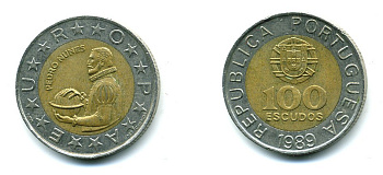 Португалия 100 эскудо 1989 Педру Нуниш (1502-1578), математик KM 645.1 биметалл 51-4722