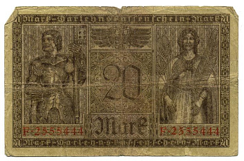 Германия 20 марок 1918 20 февраля 1918, серия F, красная, Минерва и Меркурий Pick 57, Rosenberg 55 бумага 7217-80-3-2