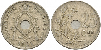 БЕЛЬГИЯ 25 САНТИМОВ 1921 BELGIE KM 69 медно-никель 4529-1124
