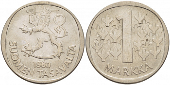 ФИНЛЯНДИЯ 1 МАРКА 1980 K KM 49а медно-никель UNC 3718-854