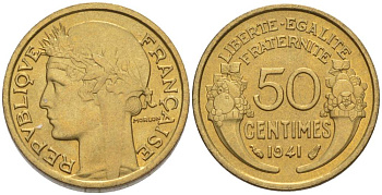 ФРАНЦИЯ 50 САНТИМОВ 1941 ТИП MORLON KM 894.1, LE FRANC 192.18 алюминиевая бронза 44-428