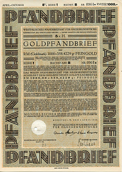 Германия 1000 золотых марок 1928 Вестфальское бюро залога жилой недвижимости, облигация   бумага   8803-138-1
