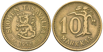 Финляндия 10 марок 1958 H KM 38 алюминиевая бронза 4169-723