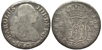 Испания 2 реала 1808 M AL, мондвор (Мадрид), Карлос IIII (1788-1808) KM 430.1 ( C69.1) серебро 1522-514