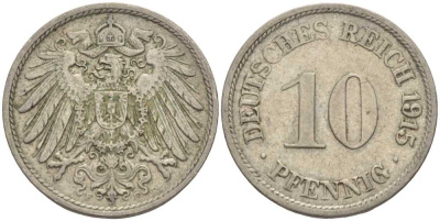ГЕРМАНИЯ 10 ПФЕННИГОВ 1915 F KM 12, J. 13 медно-никель 65-841