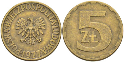 Польша 5 злотых 1977 монетный двор Ленинград (ЛМД) KM 81.1, Parchimowicz 221c латунь 89-645