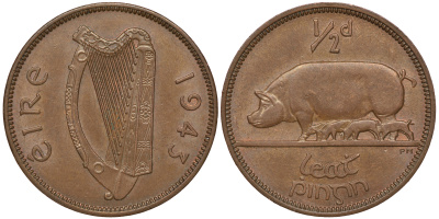 ИРЛАНДИЯ 1/2 ПЕННИ 1943 СВИНЬЯ С ПОРОСЯТАМИ KM 10 бронза 4393-1251