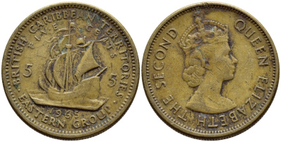 Британские Восточно-Карибские территории 5 центов 1965 Елизавета II (1952-2022), парусник KM 4 никель латунь 4391-1221