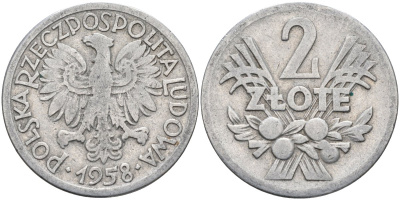 Польша 2 злотых 1958 MW KM 46, Parchimowicz 216a алюминий 4388-1124