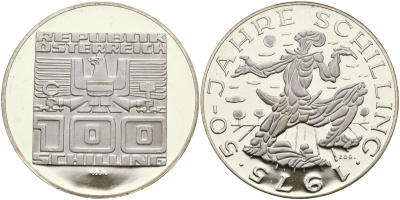 Австрия 100 шиллингов 1975 50 лет австрийскому шиллингу KM 2925 серебро PROOF 02-118-22
