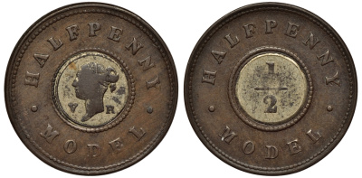 Великобритания 1 пенни ND (1844) модель монеты Виктории в 1/2 пенни, Джозеф Мур биметалл 1524-325