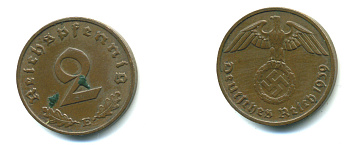 ГЕРМАНИЯ 2 РЕЙХСПФЕННИГА 1939 Е KM 90, J. 362 бронза 4381-451