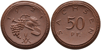 Саксония 50 пфеннигов 1921 виноград и лопата J. N 54 фарфор 1094-6-82