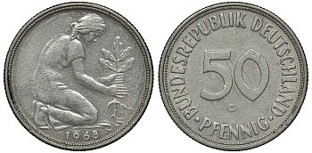 ФРГ 50 ПФЕННИГОВ 1968 G KM 109.1, J. 384 медно-никель 72-1028