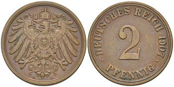 ГЕРМАНИЯ 2 ПФЕННИГА 1907 A KM 16, J. 11, Weege 4 медь 206-535