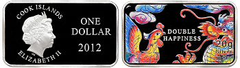 Острова Кука 1 доллар 2012 год дракона, двойного счастья, цветная эмаль KM NEW серебро PROOF 11-170-44