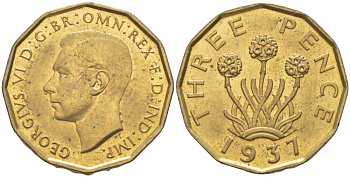 Великобритания 3 пенса 1937 Георг VI (1936-1952) KM 849, Spink 4112 никель латунь UNC 4546-1235