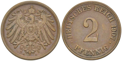 ГЕРМАНИЯ 2 ПФЕННИГА 1907 A KM 16, J. 11, Weege 4 медь 206-535