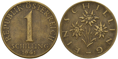 Австрия 1 шиллинг 1961 KM 2886 алюминиевая бронза 4142-1041