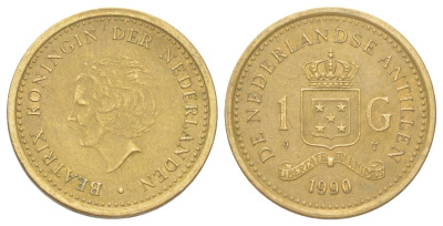 Нидерландские Антильские острова (Нидерландские Антилы) 1 гульден 1990 Беатрикс (1980-2013) KM 37 сталь плакированная бронзой 4624-511