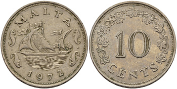 Мальта 10 центов 1972 баржа Великого магистра KM 11 медно-никель 82-522