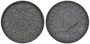 Германия 10 пфеннигов 1922 KM 26, J. 299, Weege 8 цинк 4119-344