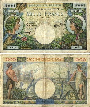 ФРАНЦИЯ 1000 ФРАНКОВ 1940 28 НОЯБРЯ 1940 Pick 96а бумага VF 8607-91-1