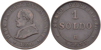 ВАТИКАН 1 СОЛЬДО = 5 ЧЕНТЕЗИМО 1866 R, ГОД XXI, ПАПА ПИЙ IX (1846-1878), МАЛАЯ ГОЛОВА KM 1372.1 (С182) медь 1521-1011