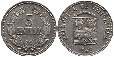 Венесуэла 5 сентимо 1965 KM 38.2 медно-никель 4392-923