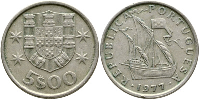 ПОРТУГАЛИЯ 5 ЭСКУДО 1977 ПАРУСНИК KM 591 медно-никель 4388-515