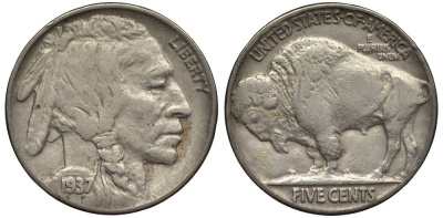 США 5 ЦЕНТОВ 1937 ИНДЕЕЦ, БИЗОН KM 134 медно-никель 27-715