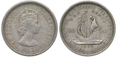 Британские Восточно-Карибские территории 10 центов 1965 Елизавета II (1952-2022), парусник KM 5 медно-никель 4164-242
