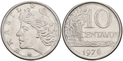Бразилия 10 сентаво 1976 KM 578.1a, Schon 83b нержавеющая сталь UNC  4603-223