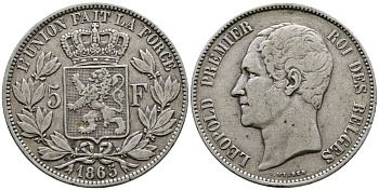 Бельгия 5 франков 1865 Леопольд I (1831-1865) KM 17 серебро 00-1067-5-64