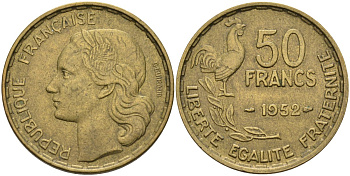 Франция 50 франков 1952 петух KM 918.1, Le Franc 425.8 алюминиевая бронза 4593-321