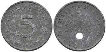 Германия 5 рейхспфеннигов 1942 A, монетный двор Берлин KM 100, J. 370 цинк 186-754