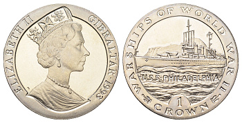 Гибралтар 1 крона 1993 Боевые корабли Второй мировой войны - U.S.S. Philadelphia KM 113 медно-никель BU 11-181-11