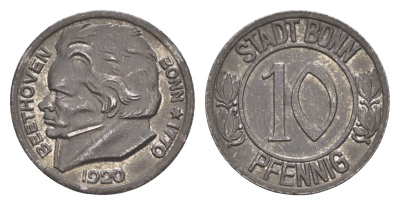 Бонн 10 пфеннигов 1920 Бетховен Funck 51.1A, Men05 3220.1, Men18 4134.1 железо 4651-1065