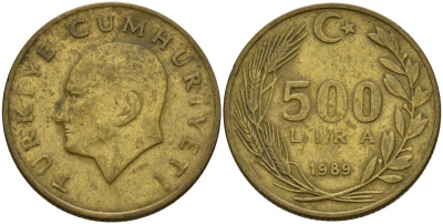 Турция 500 лир 1989 Кеммаль Ататюрк KM 989 алюминиевая бронза 4156-827