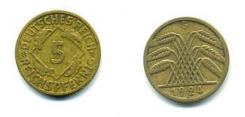 ГЕРМАНИЯ 5 РЕЙХСПФЕННИГОВ 1924 G, KM 39, J. 316 алюминиевая бронза 46-2156