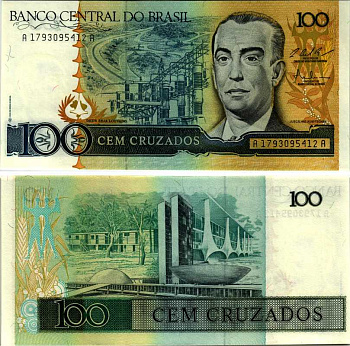 БРАЗИЛИЯ 100 КРУЗАДО 1987 СЕРИЯ А1793, ПОДПИСЬ 25 Pick 211с бумага UNC (ПРЕСС) 7547-37-1-2