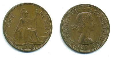 Великобритания 1 пенни 1966 Елизавета II (1952-2022) KM 897, Spink 4157 бронза 37-431