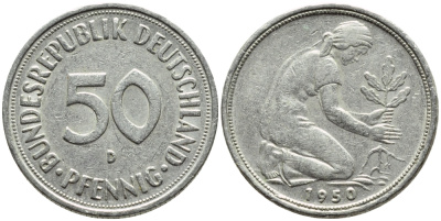 ФРГ 50 ПФЕННИГОВ 1950 D KM 109.1, J. 384 медно-никель 4392-1047
