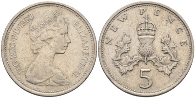 Великобритания 5 пенсов 1968 Елизавета II (1952-2022) KM 911, Spink 4233 (D1) медно-никель 4586-924