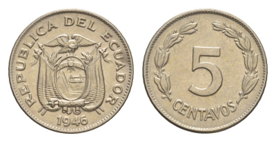Эквадор 5 сентаво 1946 KM 75b медно-никель aUNC 4640-1124