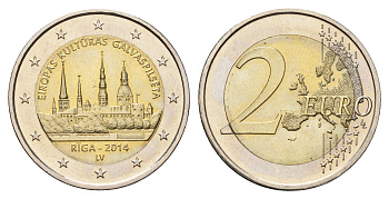 Латвия 2 евро 2014 Рига - культурная столица Европы 2014 KM 158 биметалл UNC 4693-1231