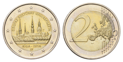 Латвия 2 евро 2014 Рига - культурная столица Европы 2014 KM 158 биметалл UNC 4693-1231