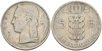 Бельгия 5 франков 1949 Леопольд III (1934-1950), Belgique KM 134.1 медно-никель 259-1045
